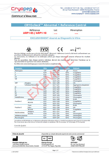 Certificat d'analyses CRYOcheck™ Abnormal 1 Reference Control